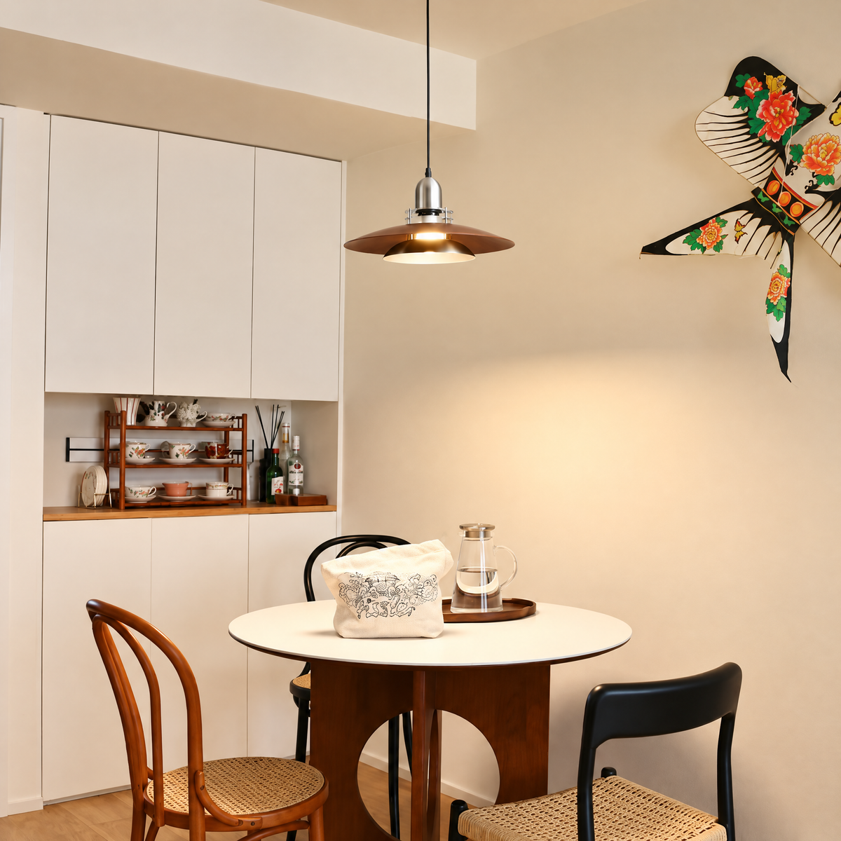 Arden Bauhaus Pendant Light, Walnut-Tone Saucer Hanging Fixture with Silver-Tone Accents for Dining Room & Kitchen Island