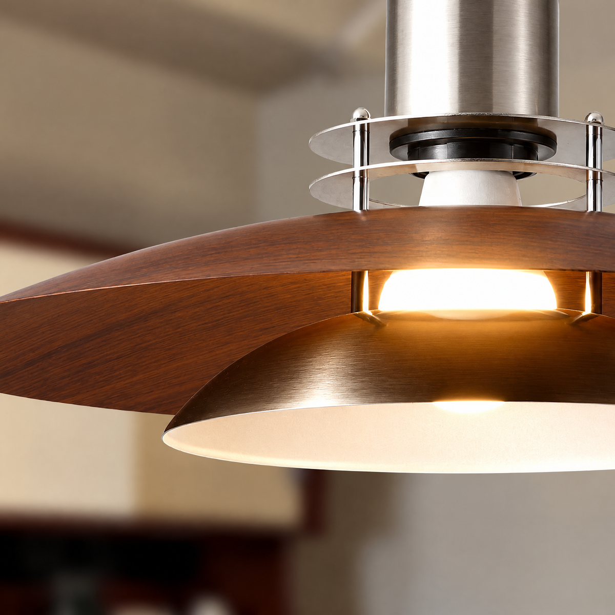 Arden Bauhaus Pendant Light, Walnut-Tone Saucer Hanging Fixture with Silver-Tone Accents for Dining Room & Kitchen Island