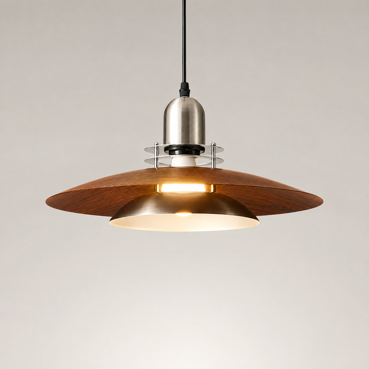 Arden Bauhaus Pendant Light, Walnut-Tone Saucer Hanging Fixture with Silver-Tone Accents for Dining Room & Kitchen Island