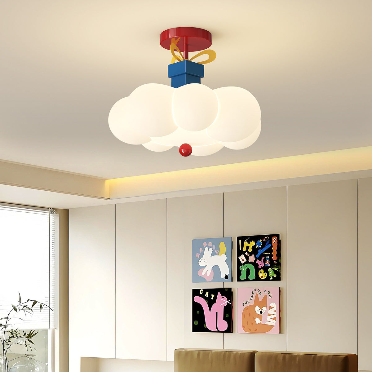 Cloudplay Cloud Ceiling Light, Colorful Semi-Flush Mount Fixture with Geometric Accents for Kids' Bedroom & Playroom
