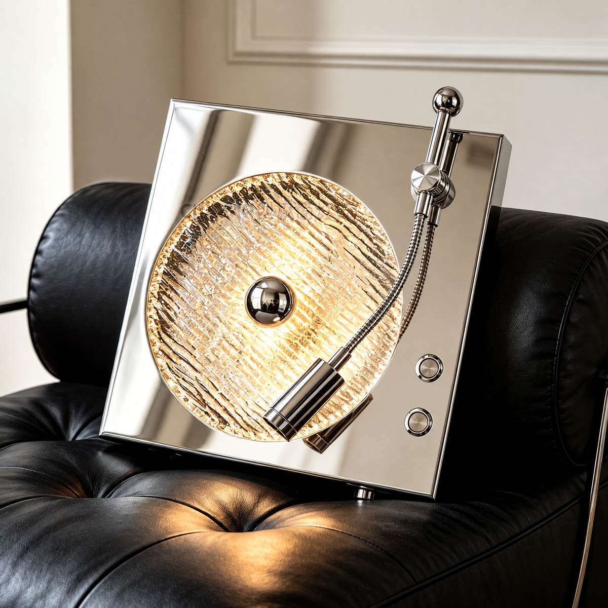 Vinyl Bauhaus Wall Sconce, Turntable-Inspired Square Wall Light with Ribbed Round Shade for Bedroom & Music Room