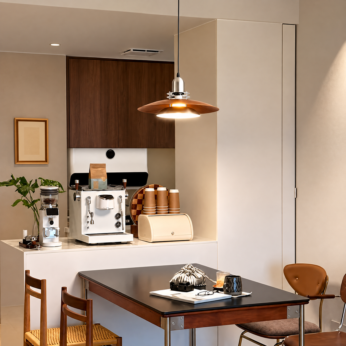 Arden Bauhaus Pendant Light, Walnut-Tone Saucer Hanging Fixture with Silver-Tone Accents for Dining Room & Kitchen Island