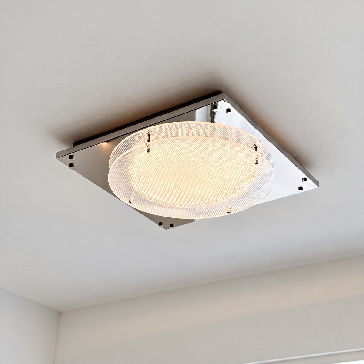 Forma Bauhaus Ceiling Light, Modern Square Flush Mount with Round Ribbed Shade for Bedroom & Hallway