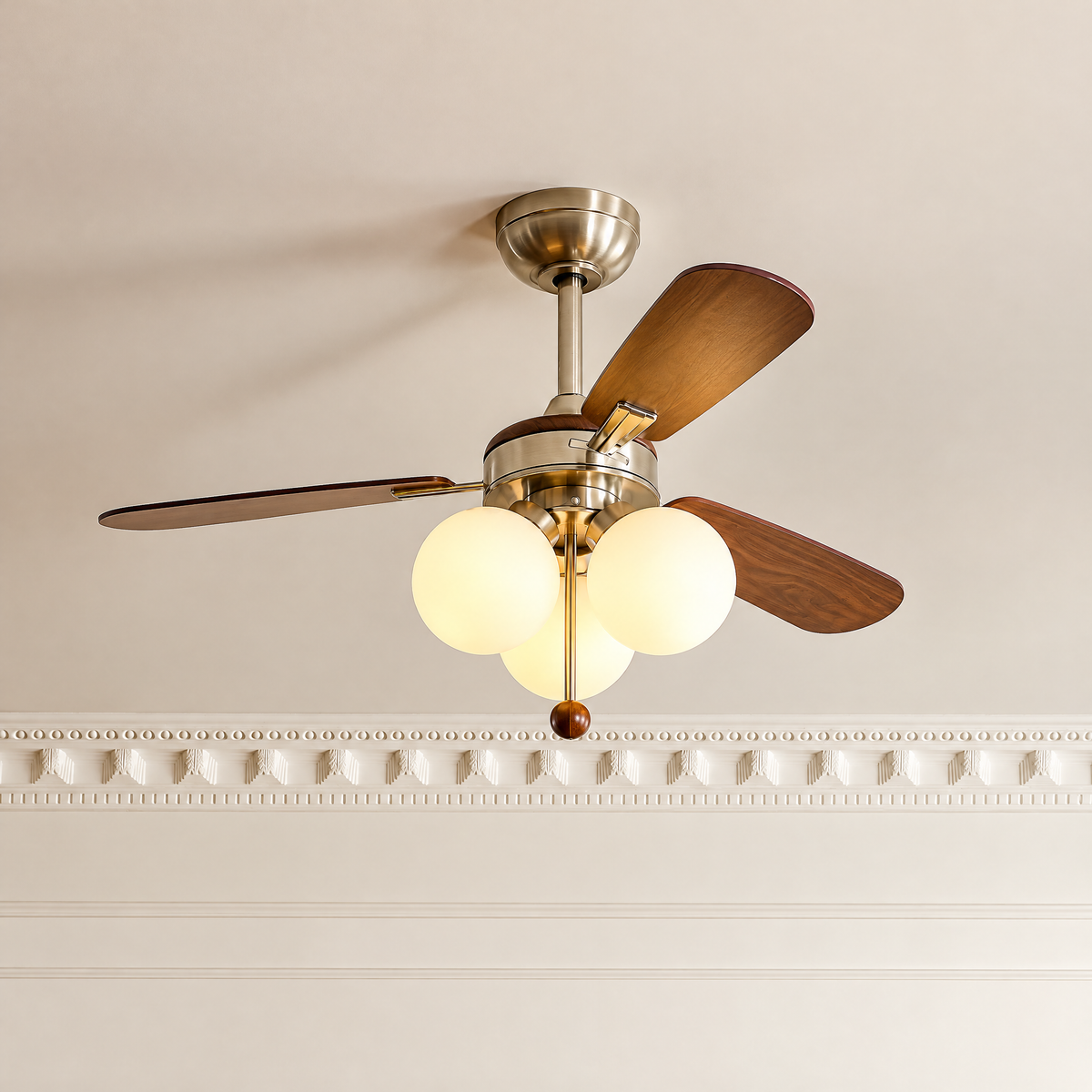 Beaumont Vintage Ceiling Fan with Globe Lights, Brass-Tone Fixture with Wood-Look Blades for Dining Room & Living Room