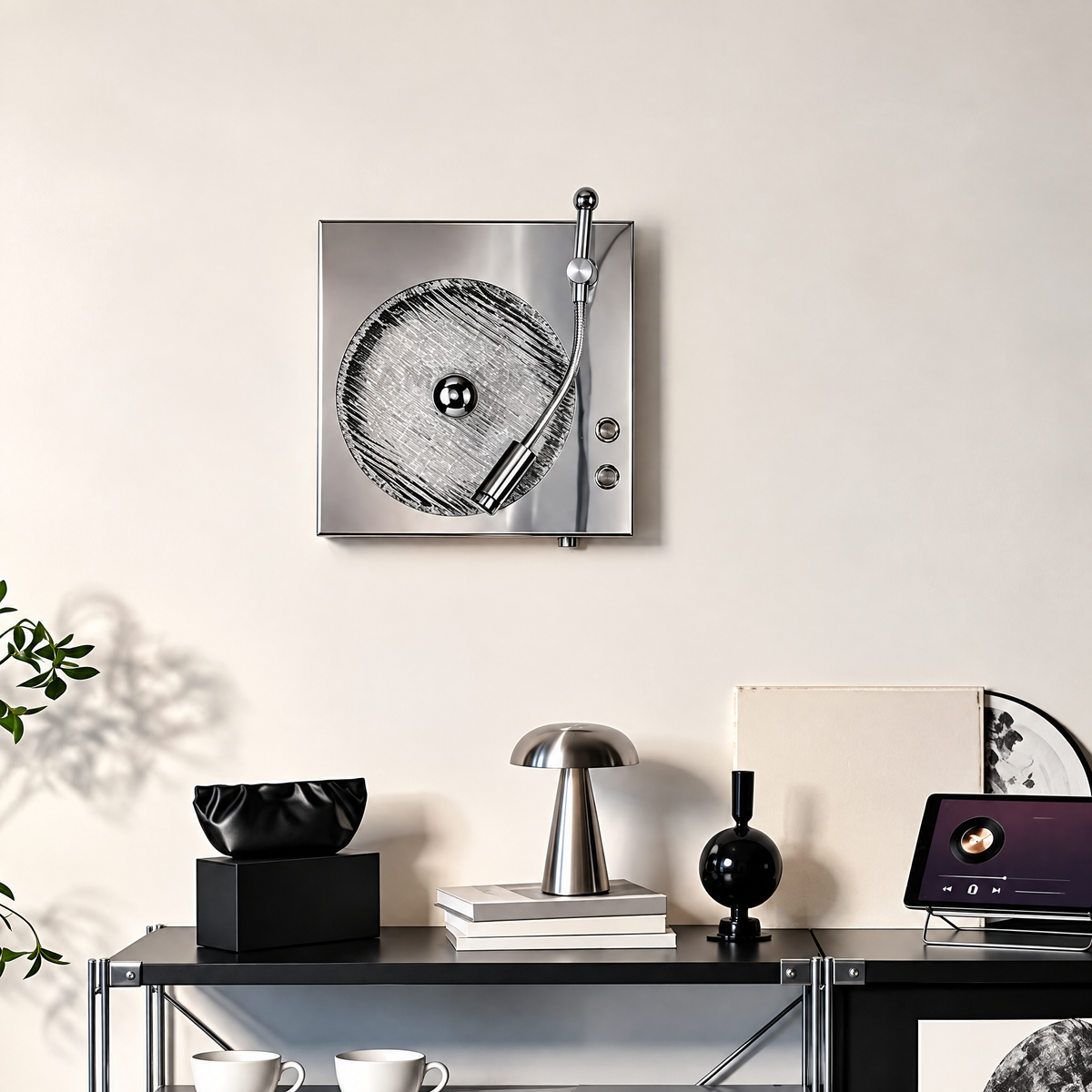 Vinyl Bauhaus Wall Sconce, Turntable-Inspired Square Wall Light with Ribbed Round Shade for Bedroom & Music Room