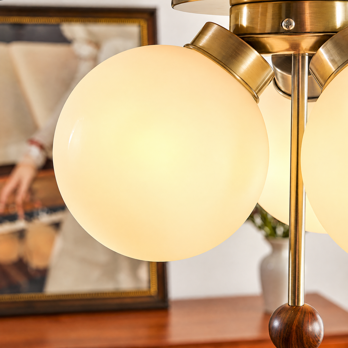 Beaumont Vintage Ceiling Fan with Globe Lights, Brass-Tone Fixture with Wood-Look Blades for Dining Room & Living Room