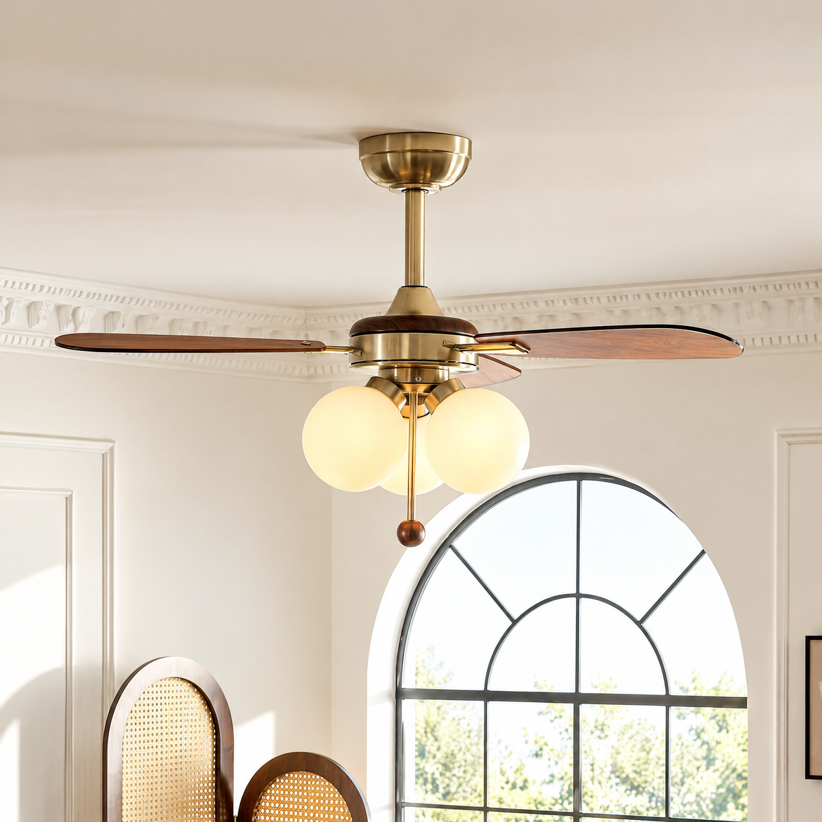 Beaumont Vintage Ceiling Fan with Globe Lights, Brass-Tone Fixture with Wood-Look Blades for Dining Room & Living Room