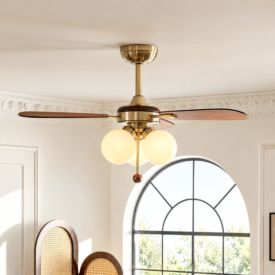 Beaumont Vintage Ceiling Fan with Globe Lights, Brass-Tone Fixture with Wood-Look Blades for Dining Room & Living Room