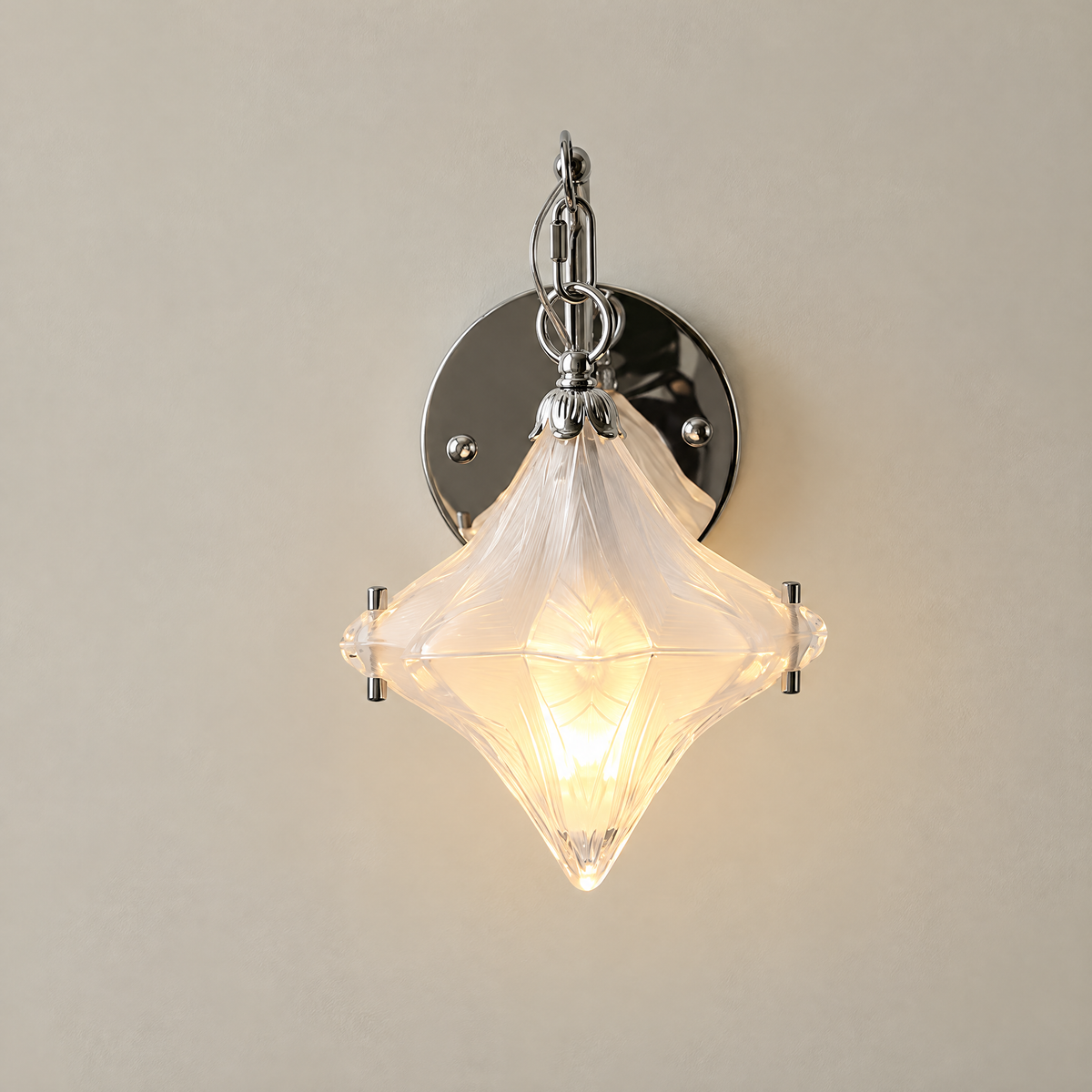 Vela Italian-Inspired Wall Sconce, Clear Sculptural Shade Wall Light with Silver-Tone Details for Bedroom & Entryway
