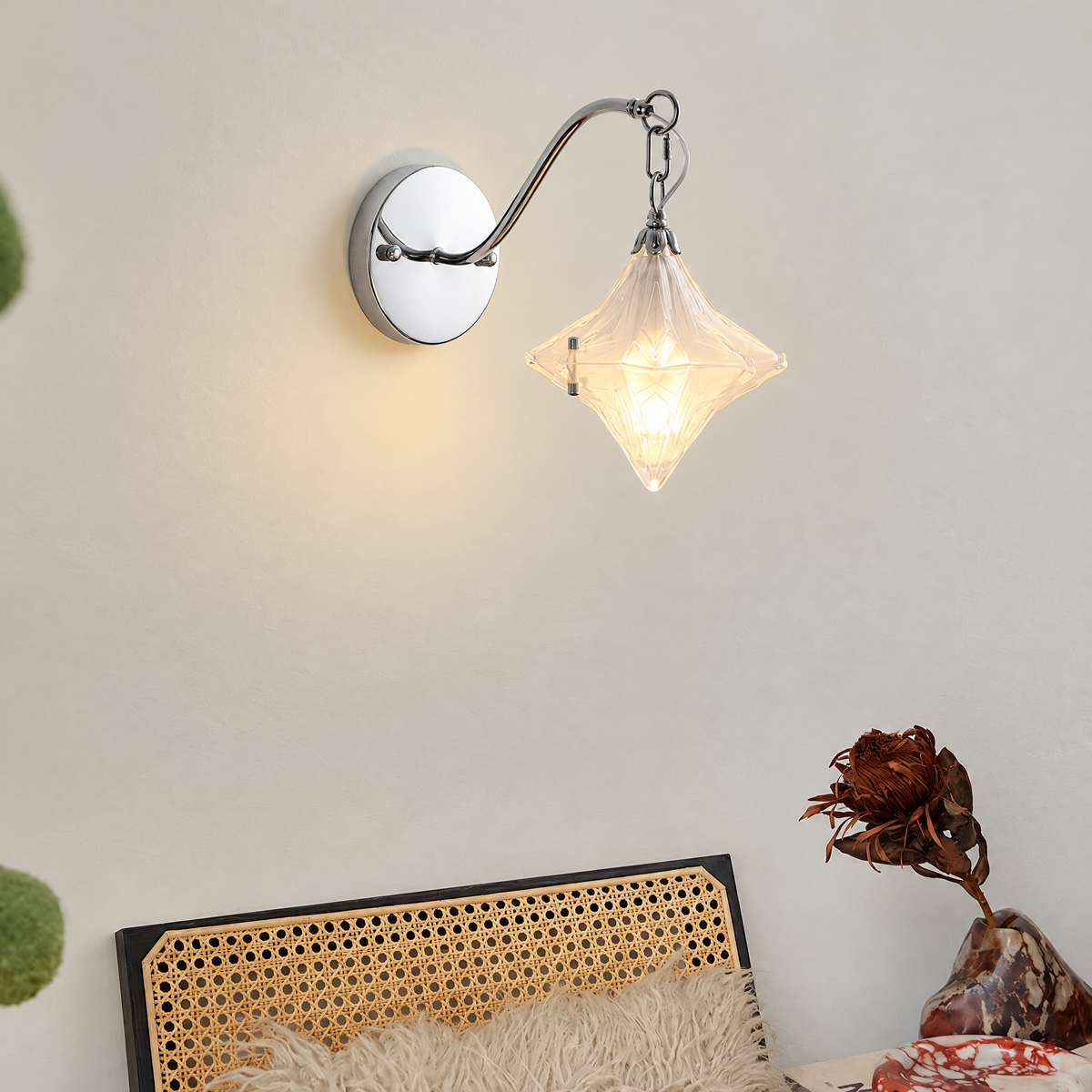 Vela Italian-Inspired Wall Sconce, Clear Sculptural Shade Wall Light with Silver-Tone Details for Bedroom & Entryway