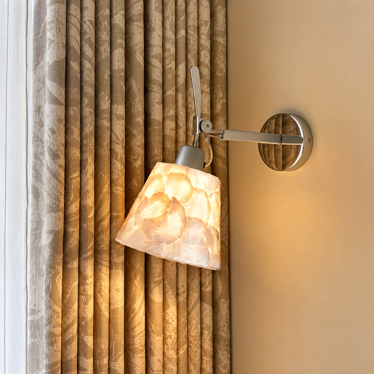 Maris Shell-Inspired Wall Sconce, Tapered Bedside Wall Light with Silver-Tone Arm for Bedroom & Living Room