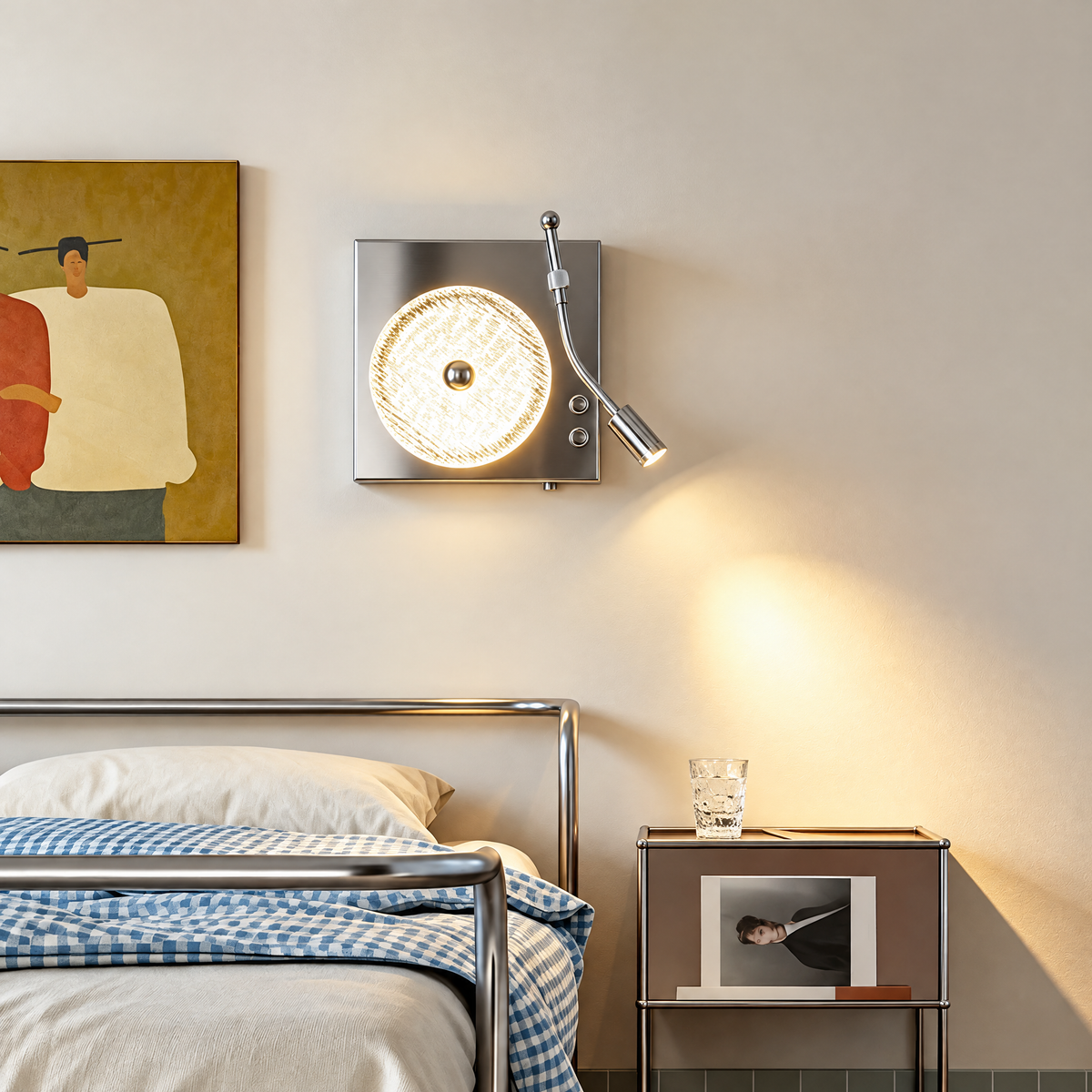 Vinyl Bauhaus Wall Sconce, Turntable-Inspired Square Wall Light with Ribbed Round Shade for Bedroom & Music Room