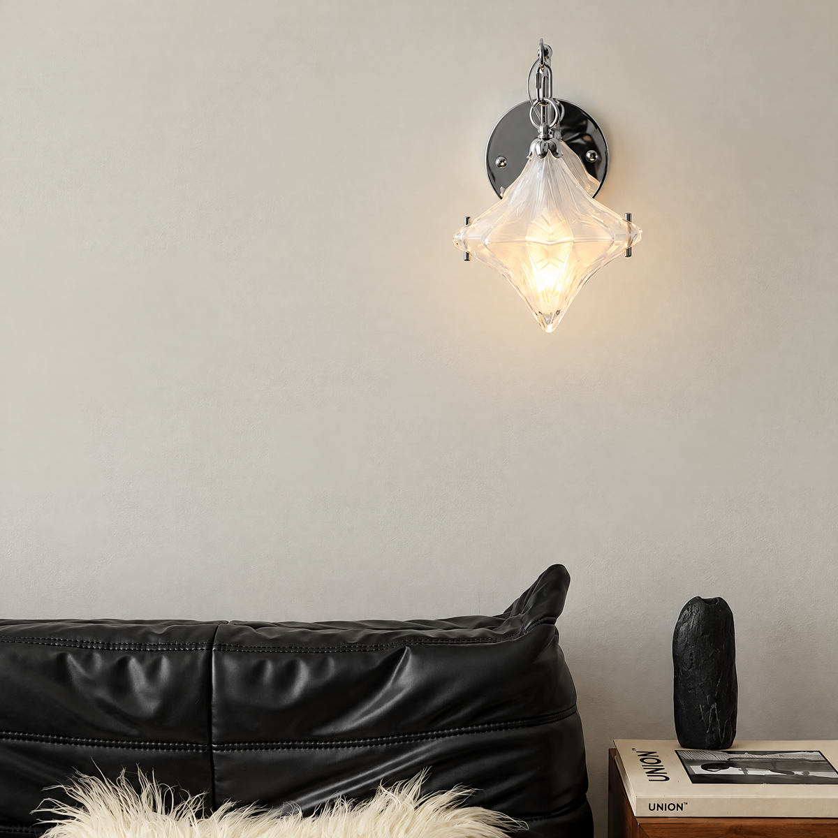 Vela Italian-Inspired Wall Sconce, Clear Sculptural Shade Wall Light with Silver-Tone Details for Bedroom & Entryway