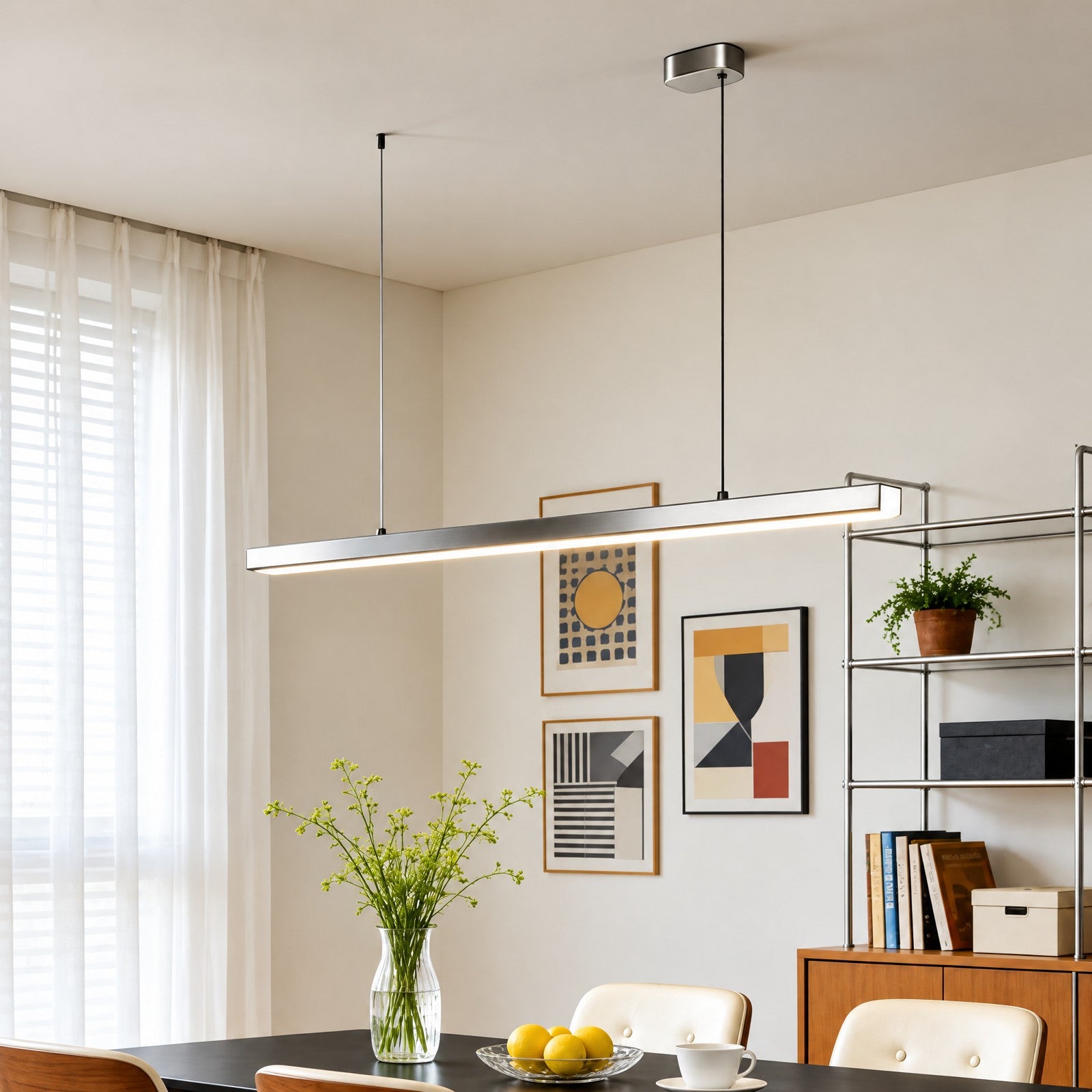 A silver-tone linear pendant framing a bright dining space